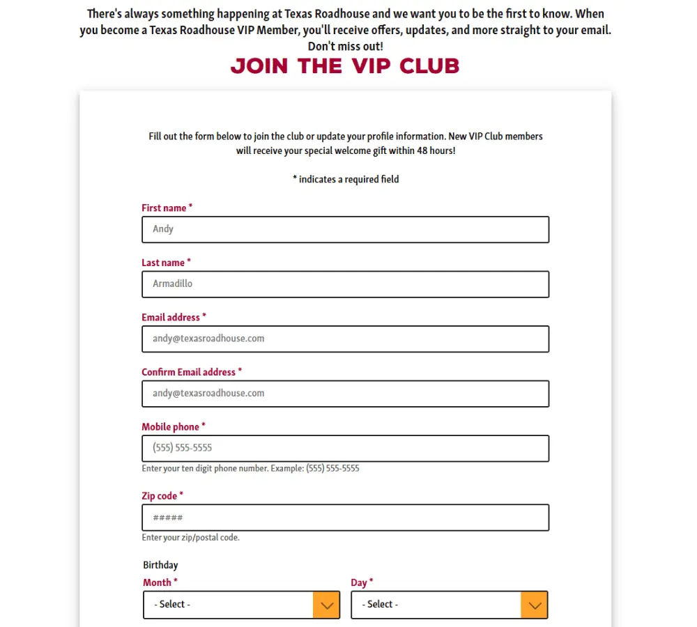 Texas Roadhouse VIP Club registration form