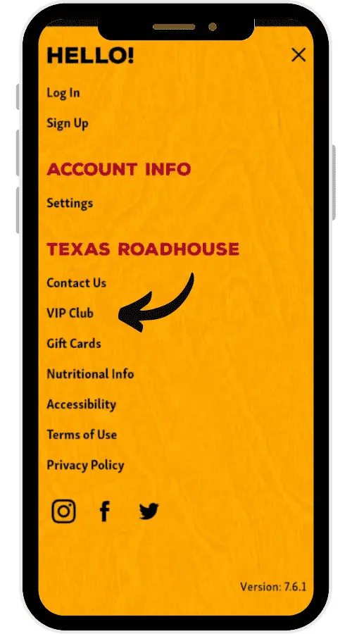 User interface for joining the Texas Roadhouse VIP Club via mobile app