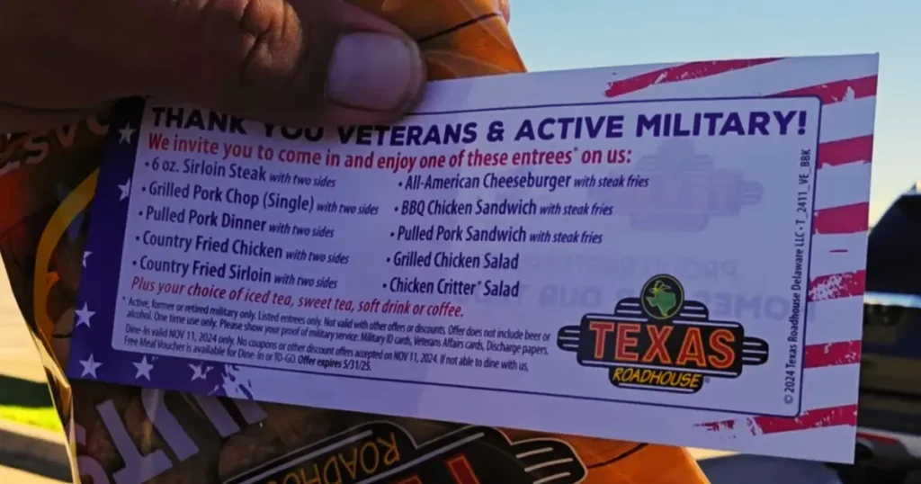 Texas Roadhouse Veterans Day free meal voucher with menu options